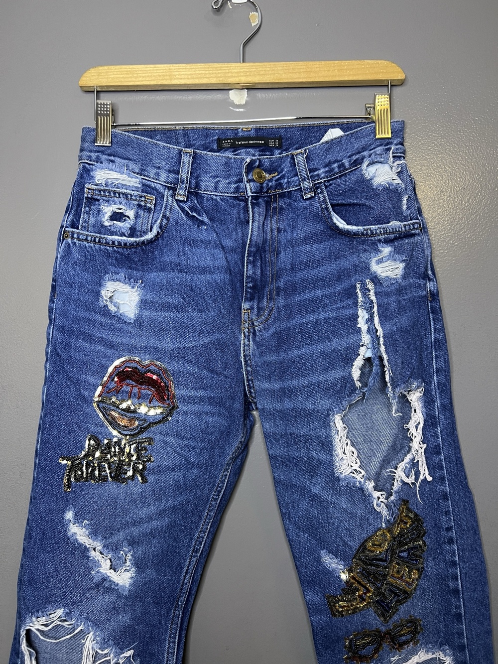 Zara Sequin Jeans Womens 2 Blue Medium Wash High Rise Distressed Straight Denim